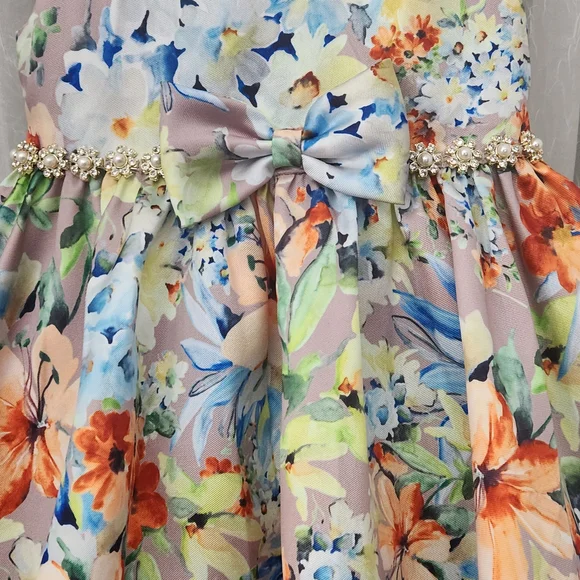 Couture Princess Elegant Floral Dress w/Bow & Pearl Accents, Size 5, EUC - Picture 2 of 7